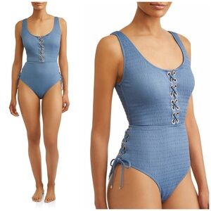 Time and Tru Slate Blue Textured Lace Up Cutout One Piece Swimsuit Size Large